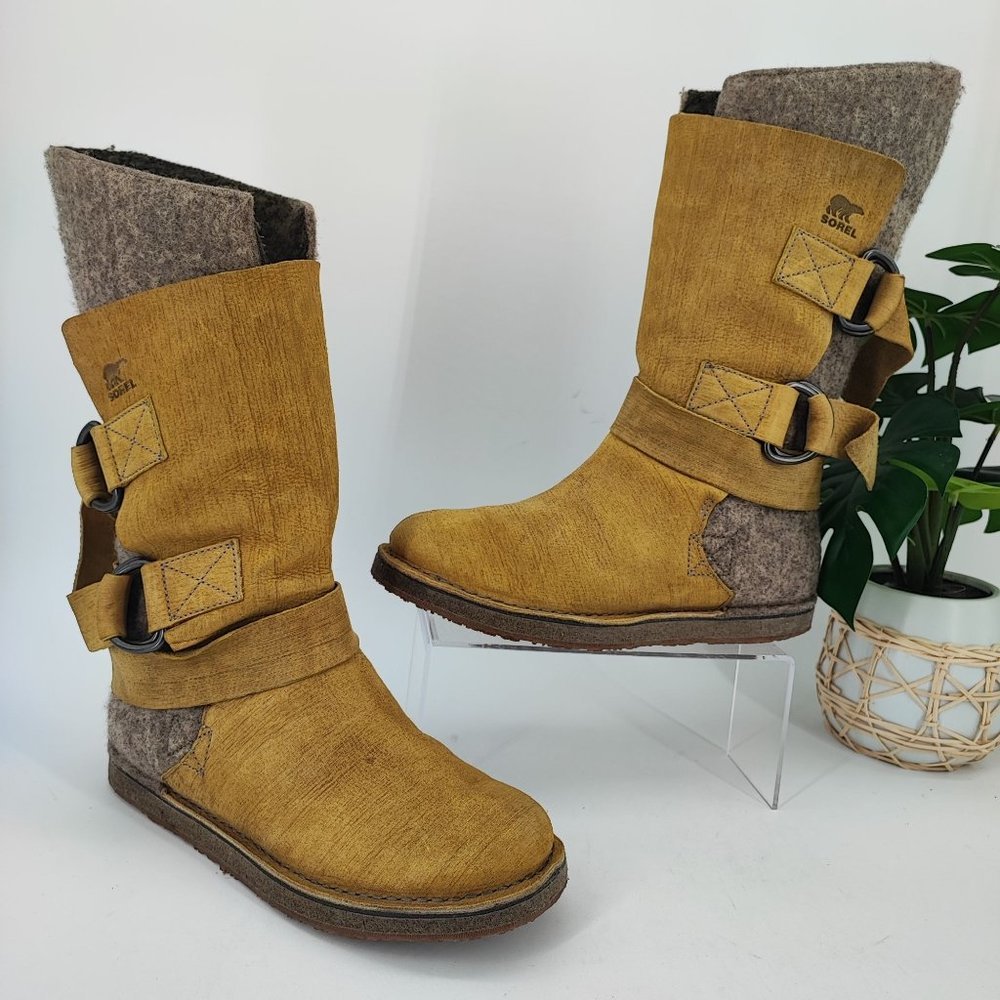 Sorel Mustard and Gray Felt Cuff Ankle Boots